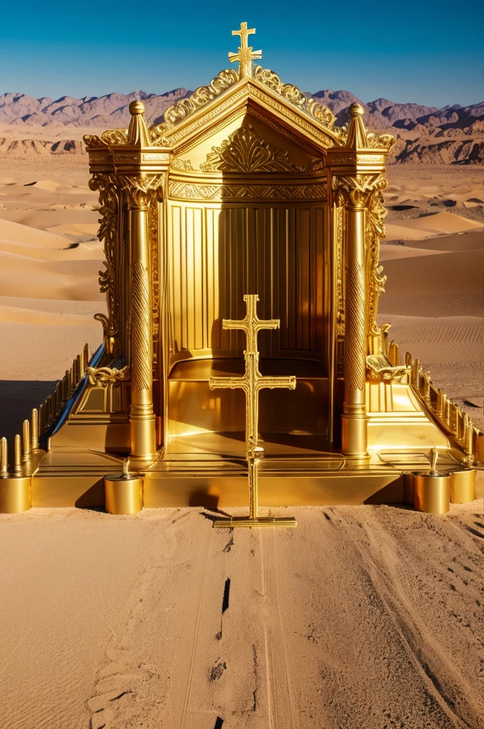 create a big, shiny, golden throne and a wooden cross next to it ,with barbs , united and beautiful, 8k image, with a panorama in the great desert, Windy