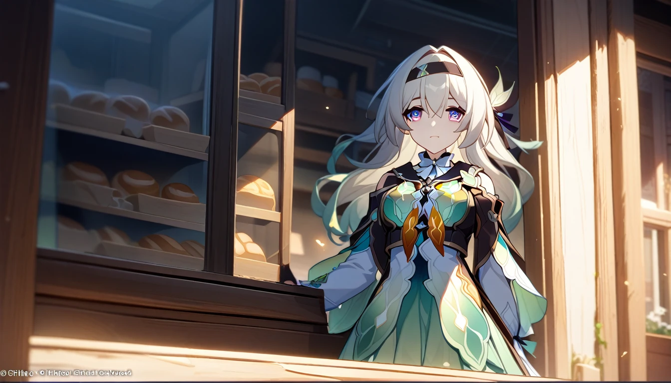 scene of girl standing in front of bakery window, 1girl, firefly, honkai star rail, detailed, high quality, fair, hd, detailed, good lighting,