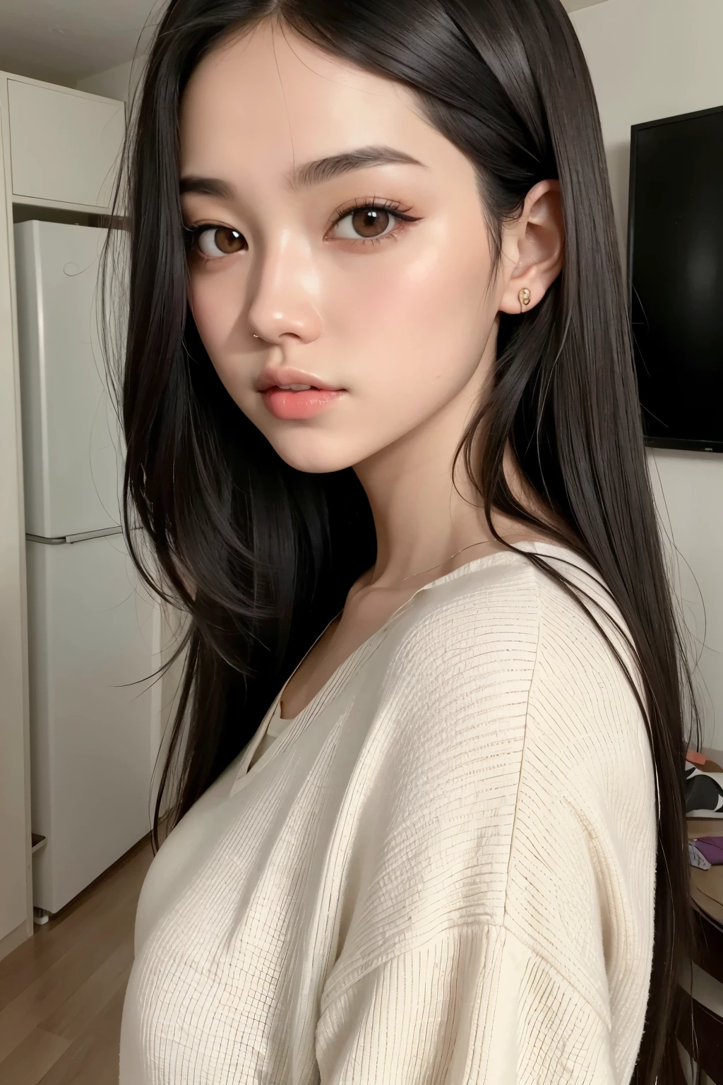1 girl, dark brown eyes, Bblack hair, skin fair, good lighting, apartment background