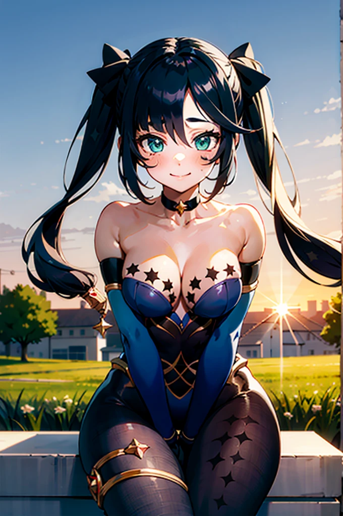 masterpiece, best quality, highres, looking at viewer, mona \(genshin impact\), blue leotard, bare shoulders, detached sleeves, black gloves, pantyhose, star choker, thighlet, thigh gap, black hair, twintails, hair ribbon, black ribbon, sparkle print, medium breasts, thick thighs, collarbone, cleavage, green eyes, blush, smile, sitting, ruins, outdoors, grass, tree, sunset, cowboy shot, upper body,