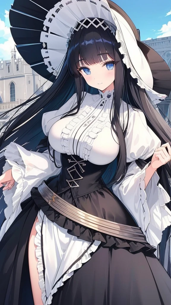 best quality, extremely detailed, anime style girl, long hair down to the waist, straight hair, dark black hair with bluish,crown braid,beautiful detailed eyes, pinched eyes, dark blue eyes, gradation eyes,huge breasts,((((white English noblewoman's clothes)))),Luxury English hats,English street,smile,walking