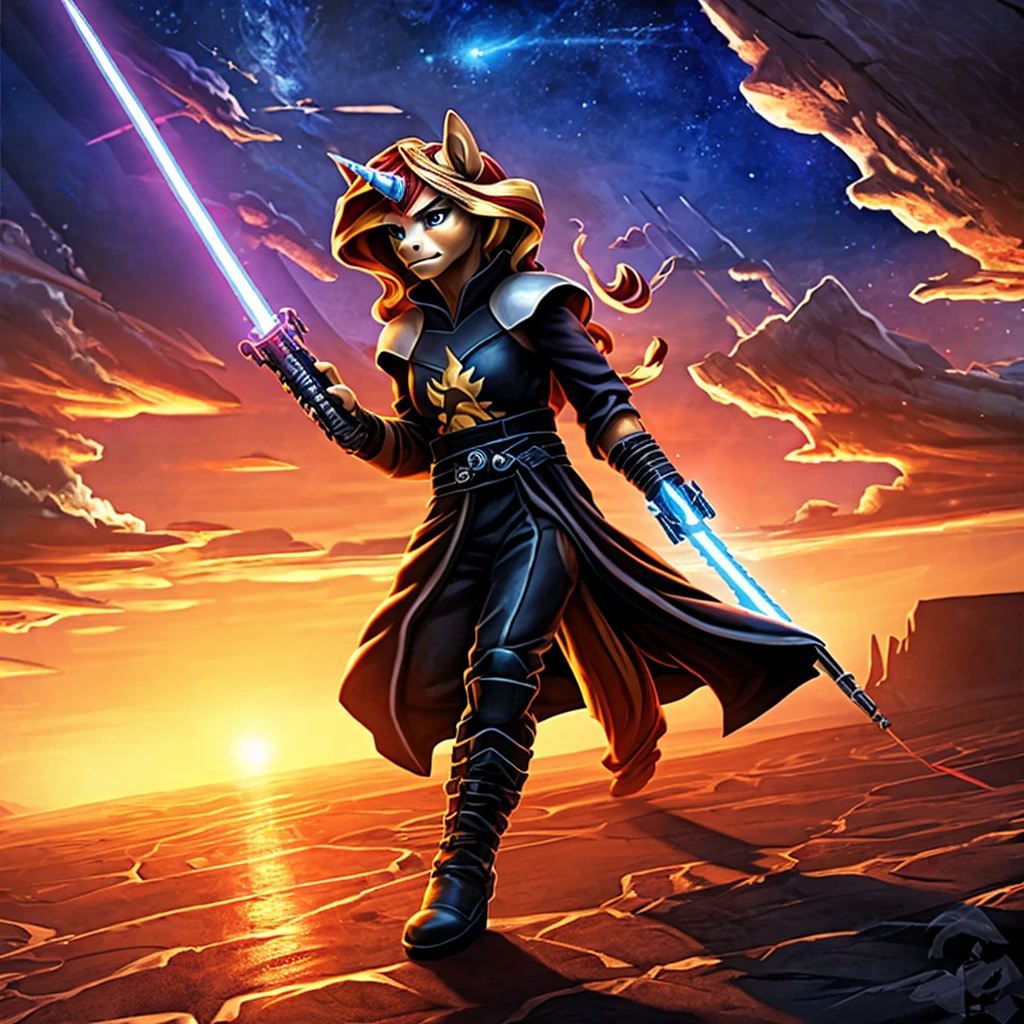 anthro light orange unicorn pony, sunset shimmer, blue lightsaber, planet tattooine, detailed hands and feet, black robe and pants, black boots, silver hilt blue bladed lightsaber, cinematic lighting, dramatic atmosphere, rich colors, highly detailed, photorealistic, masterpiece, Star Wars