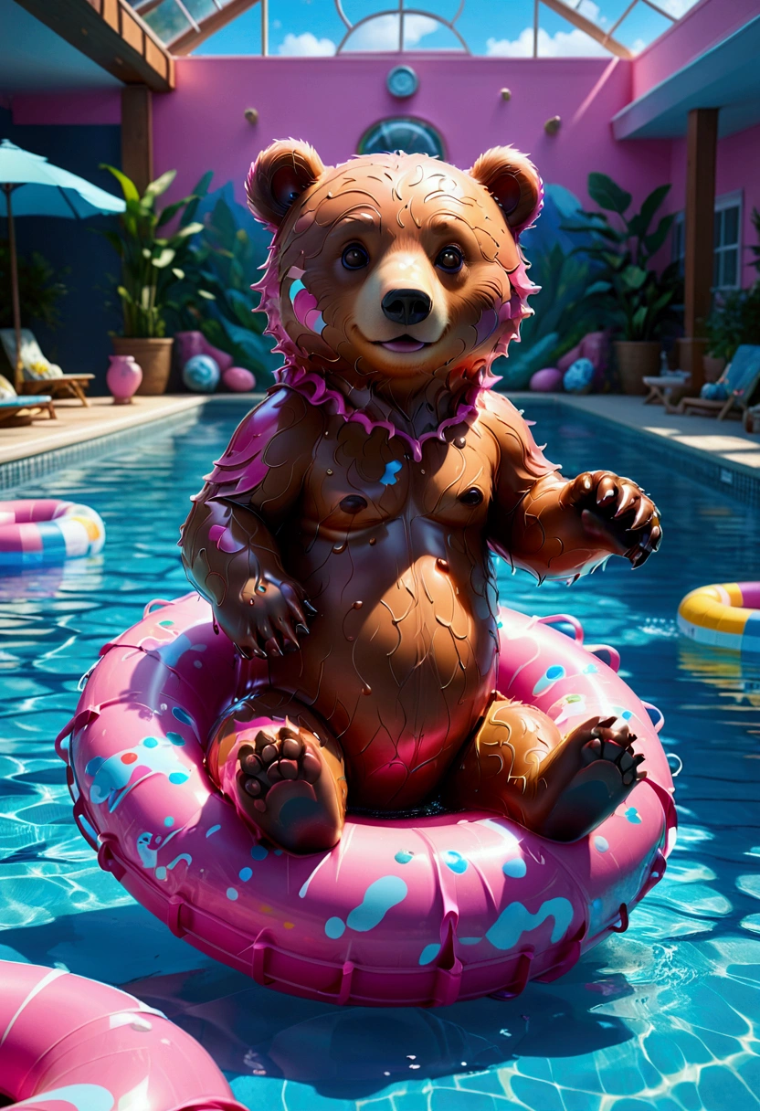 Pool , An adorable bear cub floating on its back on a pink inner tube in a swimming pool, hyperdetailed, 8k resolution concept art, cinematic, volumetric lighting, maximalist, detailed matte painting, deep color, fantastical, intricate detail, splash screen, complementary colors, fantasy concept art, 8k resolution trending on Artstation Unreal Engine 5, masterpiece, best quality, very aesthetic, absurdres