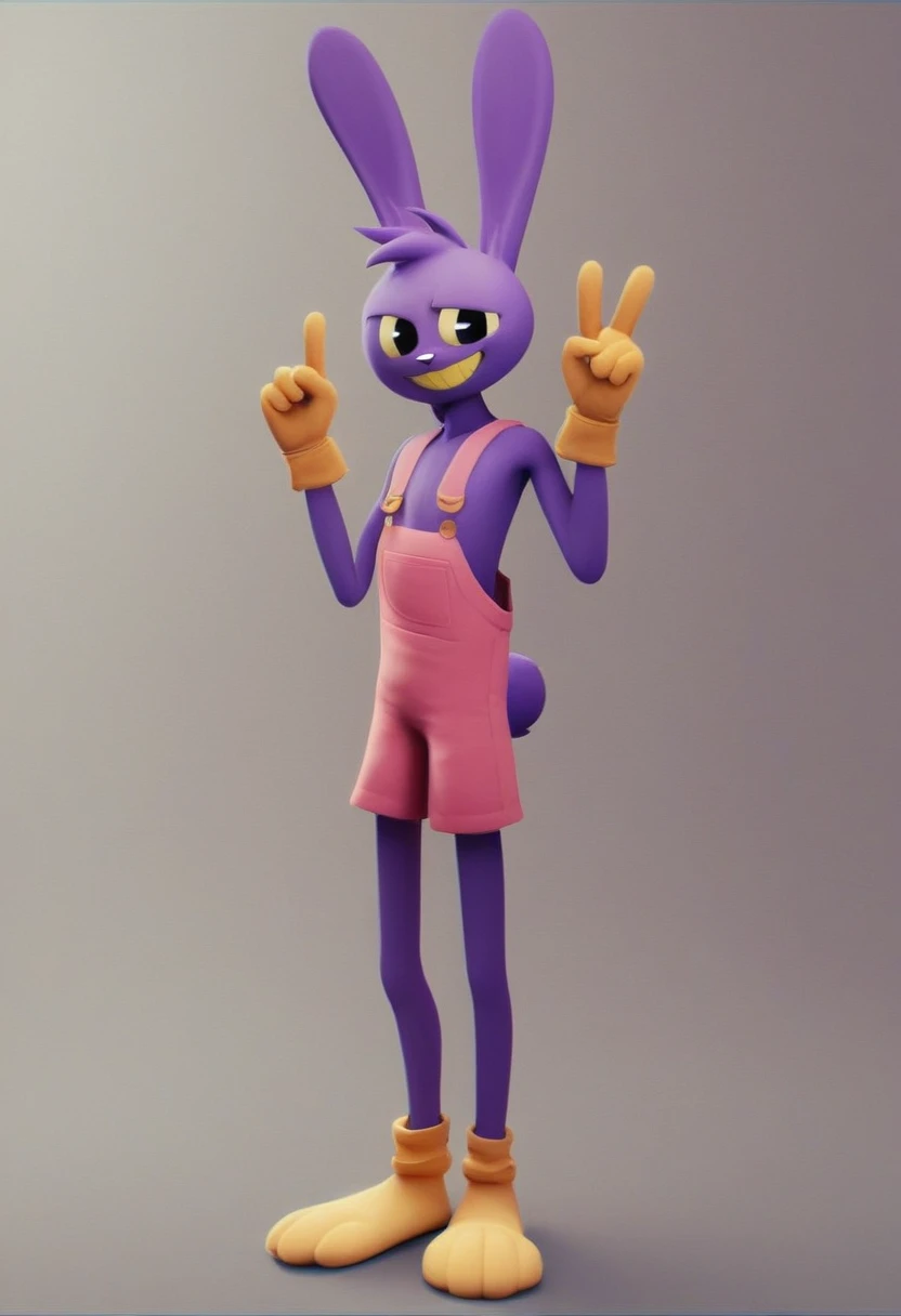 jax, solo, looking at viewer, smile, gloves, 1boy, animal ears, standing, male focus, rabbit ears, black eyes, pink overalls, furry, furry male, yellow gloves, full body, no shoes, purple fur, yellow teeth, yellow iris, skinny, 3d, source, source_cartoon