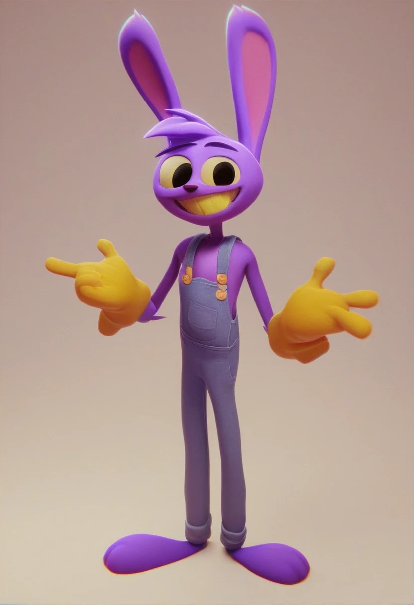 jax, solo, looking at viewer, smile, gloves, 1boy, animal ears, standing, male focus, rabbit ears, black eyes, pink overalls, furry, furry male, yellow gloves, full body, no shoes, purple fur, yellow teeth, yellow iris, skinny, 3d, source, source_cartoon