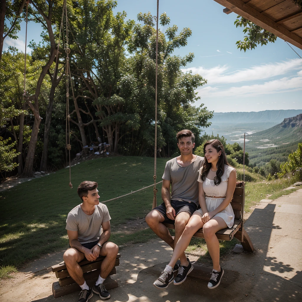 guy and girl sitting on a swing, near the cliff of the mountain 