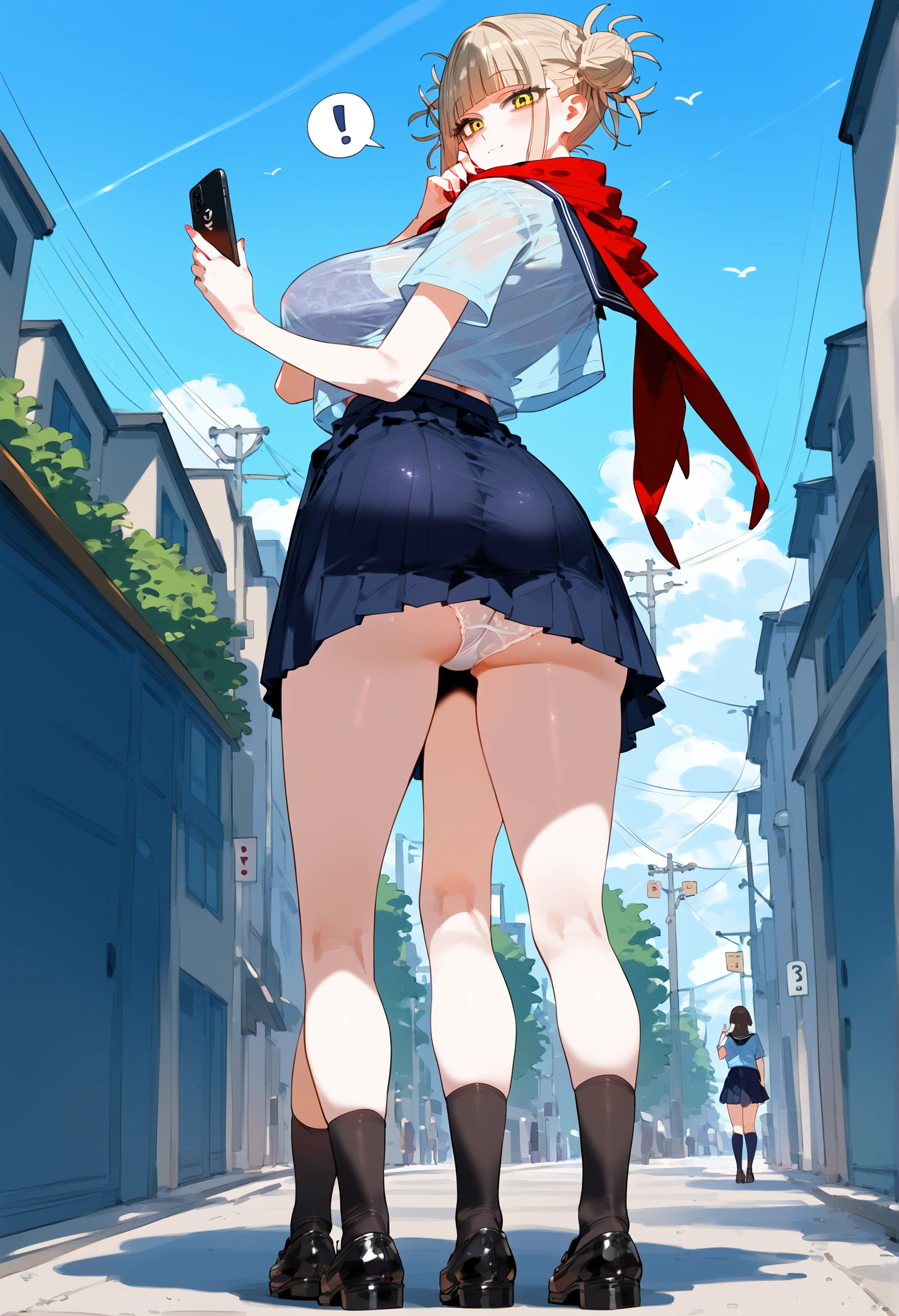 anime art, punctuation_9, punctuation_8_High above, punctuation_7_High above, punctuation_6_High above, punctuation_5_High above, punctuation_4_High above, toga himiko, breasts big, She is 24 years old, styled_3, ,,, yellow eyes , , , , _, , His usual outfit consists of a simple seifuku with a very short Kansai collar and a wet, translucent texture., with the eyes appearing a little., both the short skirt showing the thin, translucent white panties and the small, transparent dark blue shirt with a double white finish, really small, which is combined with a red scarf that she ties loosely below almost falling down. On top of this, She wears a small beige cardigan with small hem and cuffs , and pockets on both sides, the one on the right shows a series of trinkets on a keychain or on a cell phone strap. She wears black knee-high socks and dark brown school shoes.. fundo cinza, the view would be of her from the coast and a view below her, your ass would be very big and your panties would be very thin, the poico skirt covered it, and she wasn't wearing a bra under her see-through t-shirt, causing your nipple to show, bigger and more visible breasts, song much more transparent, more apparent and voluminous intimacy