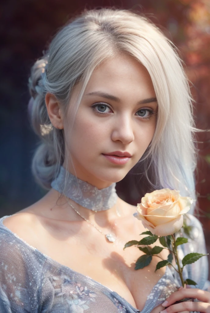 Photorealistic, (close up:1.3, exposed face), wide angle, (seen from below), a European young woman wearing wet (long sleeve (floral t-shirt:1.2), oversized t-shirt, hotpants), a hyperrealistic beautiful young girls with grayish blue eyes in glasses, long white hair, natural sagging breast, high detailed official artwork, beautiful girls with slim fit body and busty posture, long legs, attractive young woman, (atractive sitting poses:1.3, crossed arm hold the breast up), at bench in the (natural foggy forest:1.2), natural background, rainny day, dubnitskiy david fanart, realistic portrait, smooth photorealistic, perfect visual of a cute girls, cute girls with skinice soft face, face focus, makoto shinkai and artgerm, photon mapping, natural light, warm color tones, vivid colors, cool ambient, foggy atmosphere