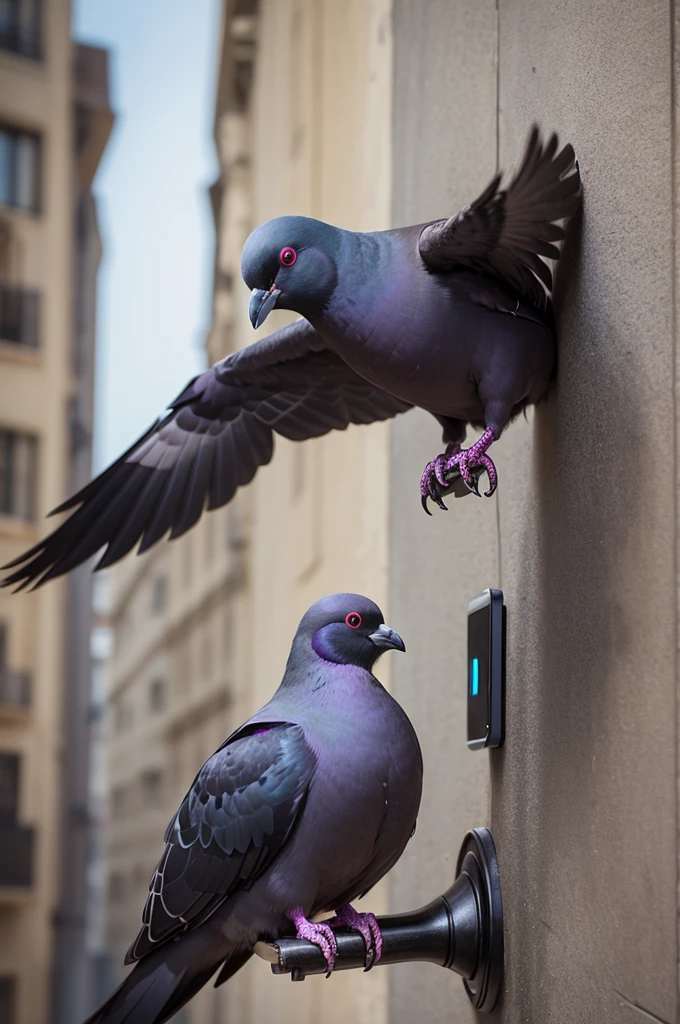 create an image of a black pigeon holding a cell phone pointing forward professional image
