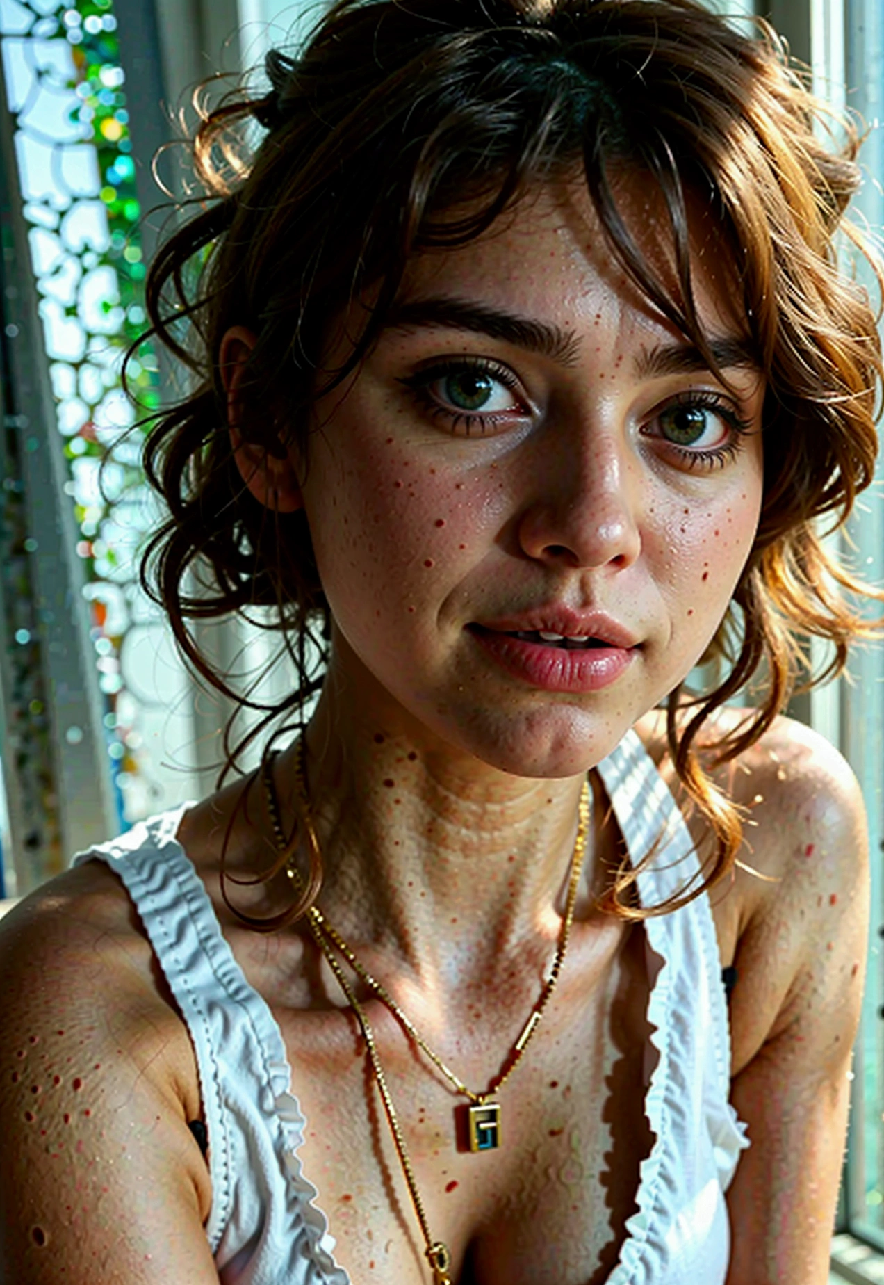 arafed woman with a white tank top and a necklace, sexy girl with brown eyes, portrait sophie mudd, brunette hair and large eyes, selfie of a young woman, bedroom eyes, violet myers, without makeup, natural makeup, looking directly at the camera, face with artgram, subtle makeup, stunning full body shot, piercing green eyes and have a good smile real face girl look real person