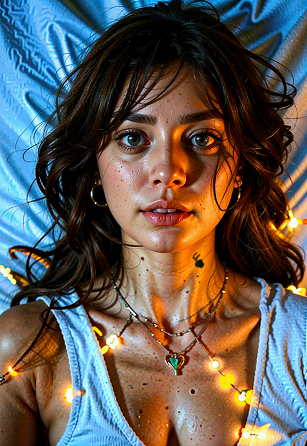 arafed woman with a white tank top and a necklace, sexy girl with brown eyes, portrait sophie mudd, brunette hair and large eyes, selfie of a young woman, bedroom eyes, violet myers, without makeup, natural makeup, looking directly at the camera, face with artgram, subtle makeup, stunning full body shot, piercing green eyes and have a good smile real face girl look real person
