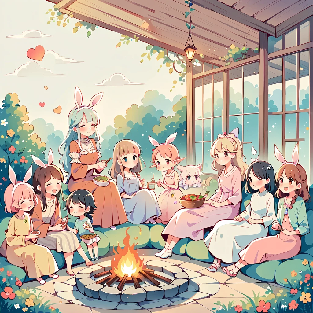 Simple Line Initialism,Abstract art,Urban Background, colorful hearts ,(((The most beautiful girl of all time))), On a bright red campus"YES"Character、beautiful illustration, best quality, cute girl, bedroom, pastel color, fluffy bunny ears, , silver long hair, alert! Alert! Gather around the warm and inviting theme of "Campfire" (キャンプファイヤー). Capture the glow of flickering flames and the camaraderie of people sharing stories, cooking, or simply enjoying the warmth together.