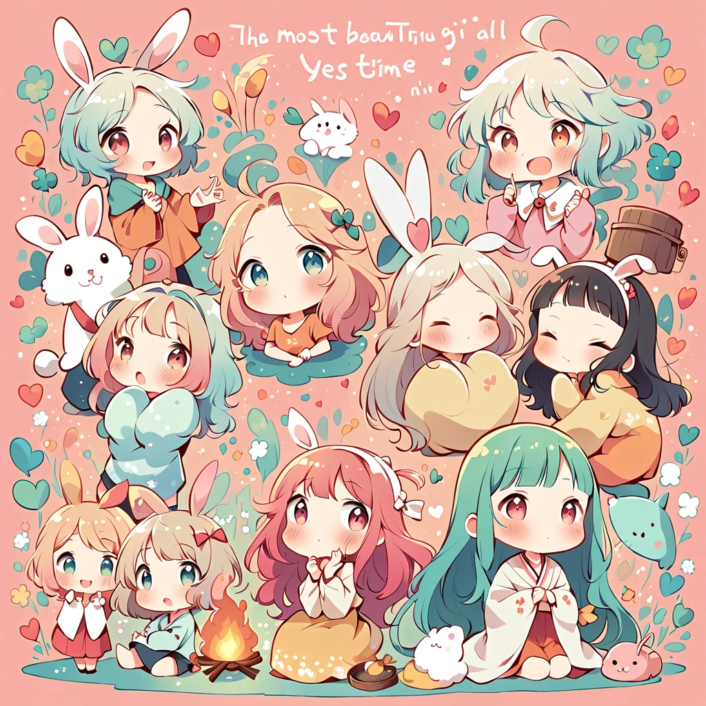 Simple Line Initialism,Abstract art,Urban Background, colorful hearts ,(((The most beautiful girl of all time))), On a bright red campus"YES"Character、beautiful illustration, best quality, cute girl, bedroom, pastel color, fluffy bunny ears, , silver long hair, alert! Alert! Gather around the warm and inviting theme of "Campfire" (キャンプファイヤー). Capture the glow of flickering flames and the camaraderie of people sharing stories, cooking, or simply enjoying the warmth together.