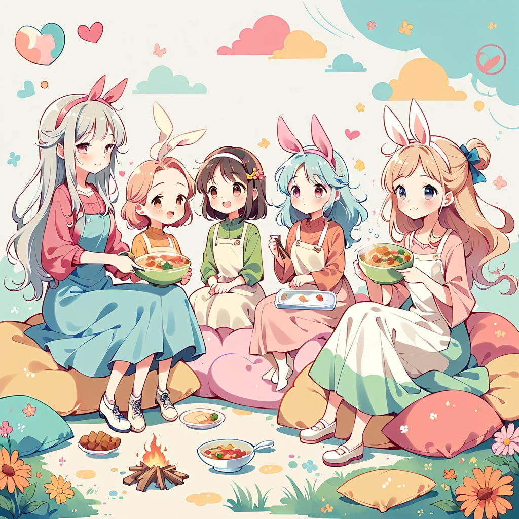 Simple Line Initialism,Abstract art,Urban Background, colorful hearts ,(((The most beautiful girl of all time))), On a bright red campus"YES"Character、beautiful illustration, best quality, cute girl, bedroom, pastel color, fluffy bunny ears, , silver long hair, alert! Alert! Gather around the warm and inviting theme of "Campfire" (キャンプファイヤー). Capture the glow of flickering flames and the camaraderie of people sharing stories, cooking, or simply enjoying the warmth together.