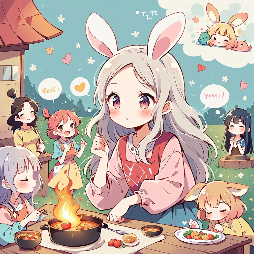 Simple Line Initialism，Abstract art，Urban Background, colorful hearts ,(((The most beautiful girl of all time))), On a bright red campus"YES"Character、beautiful illustration, best quality, cute girl, bedroom, pastel color, fluffy bunny ears, , silver long hair, alert! Alert! Gather around the warm and inviting theme of "Campfire" (キャンプファイヤー). Capture the glow of flickering flames and the camaraderie of people sharing stories, cooking, or simply enjoying the warmth together.