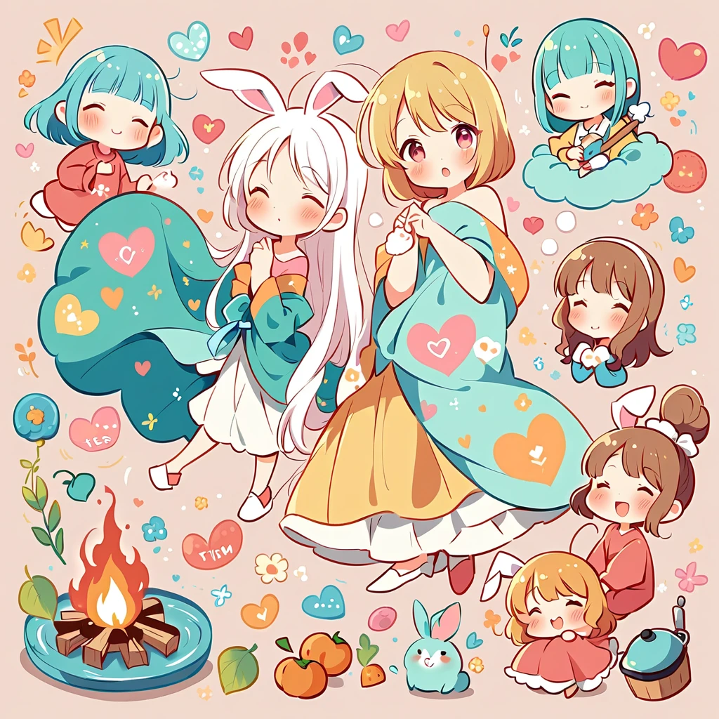 Simple Line Initialism，Abstract art，Urban Background, colorful hearts ,(((The most beautiful girl of all time))), On a bright red campus"YES"Character、beautiful illustration, best quality, cute girl, bedroom, pastel color, fluffy bunny ears, , silver long hair, alert! Alert! Gather around the warm and inviting theme of "Campfire" (キャンプファイヤー). Capture the glow of flickering flames and the camaraderie of people sharing stories, cooking, or simply enjoying the warmth together.