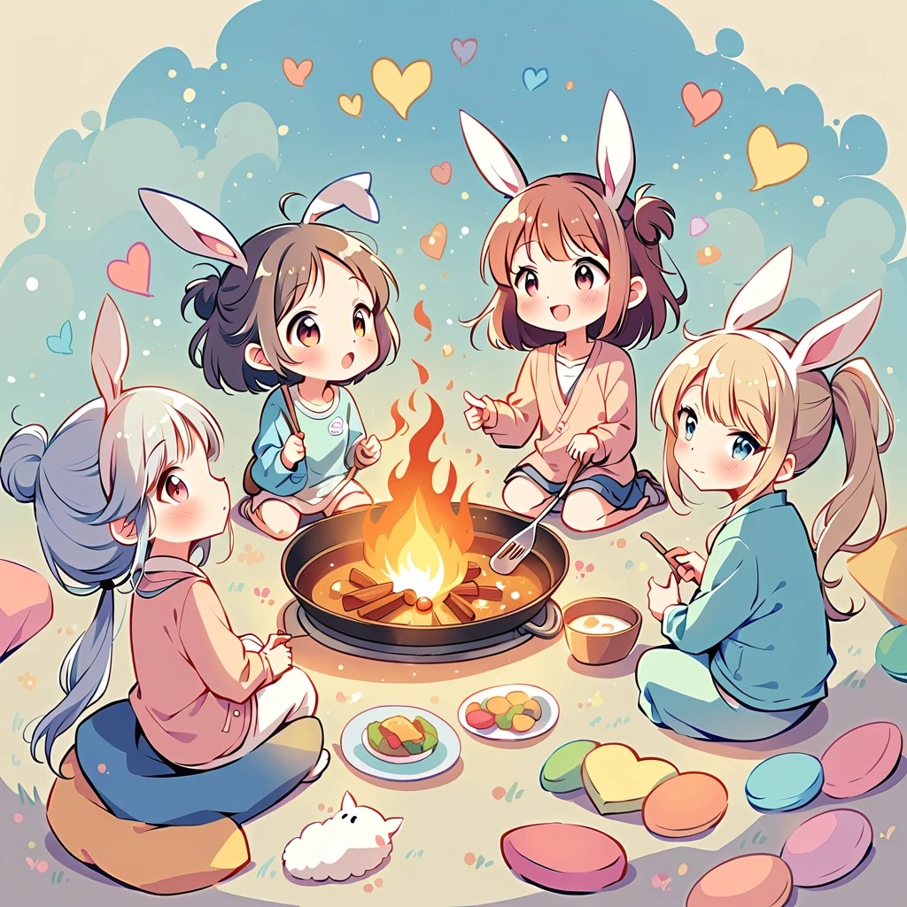 Simple Line Initialism,Abstract art,Urban Background, colorful hearts ,(((The most beautiful girl of all time))), On a bright red campus"YES"Character、beautiful illustration, best quality, cute girl, bedroom, pastel color, fluffy bunny ears, , silver long hair, alert! Alert! Gather around the warm and inviting theme of "Campfire" (キャンプファイヤー). Capture the glow of flickering flames and the camaraderie of people sharing stories, cooking, or simply enjoying the warmth together.