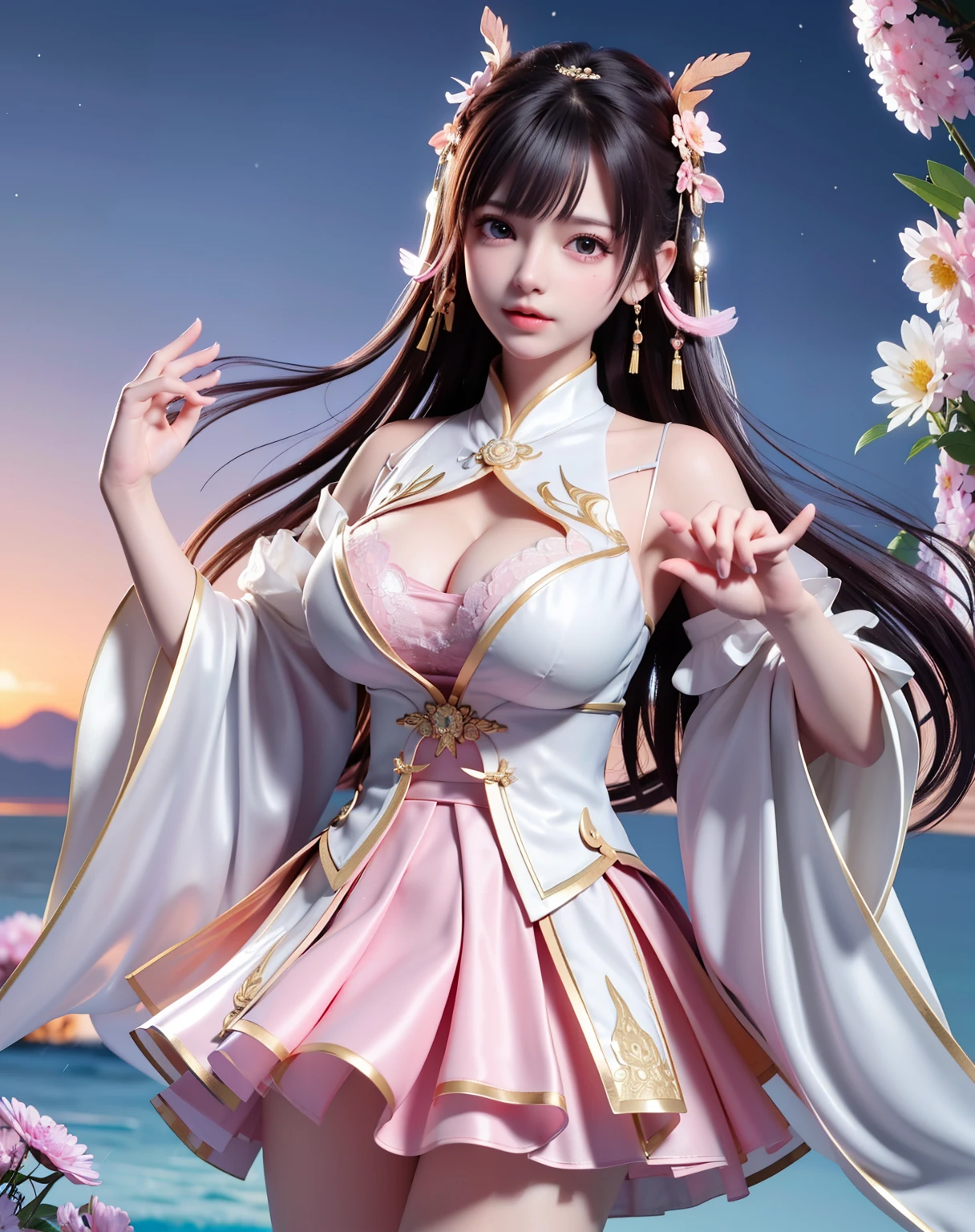 (8k, RAW photo:1.2), best quality, ultra high res,dramatic angle,(fluttered detailed color splashs), (illustration),(((1 girl))),(long hair),(rain:0.9), (Headdress:1.4),There is an ancient palace beside the girl,Hanfu,(Key Points),Color ink painting,(Splash of Color),Splash of Color,(((colorful))),(sketch:0.8) , Masterpiece, best quality, beautiful painted, highly detailed,(denoising:0.6),[splash ink],((ink refraction)), (beautiful detailed sky),moon,highly,detaild,(masterpiece, best quality, extremely detailed） CG Unity 8k Wallpaper，masterpiece，best quality，Ultra Detailed），（Lycoris）.shoulder ballet dress open V-chested clothes Thin silk lace dress short skirt , (huge ，cleavage),, white pink, blue ，best qualtiy，tmasterpiece，Ultra-high resolution，（Reality：1.4），RAW photogr，（True skin texture：1.3），（filmgrain：1.3），（Selfie angle），1个Giant Breast Girl，Beautiful eye and face details，tmasterpiece，Best quality at best，，The chest more exposed， detailed hair, bra pink , detail 8k, full body, lace petticoat