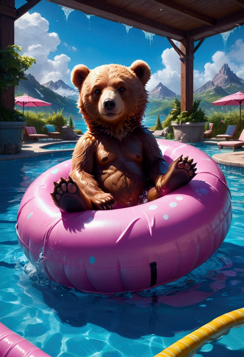 Pool , An adorable bear cub floating on its back on a pink inner tube in a swimming pool, hyperdetailed, 8k resolution concept art, cinematic, volumetric lighting, maximalist, detailed matte painting, deep color, fantastical, intricate detail, splash screen, complementary colors, fantasy concept art, 8k resolution trending on Artstation Unreal Engine 5, masterpiece, best quality, very aesthetic, absurdres