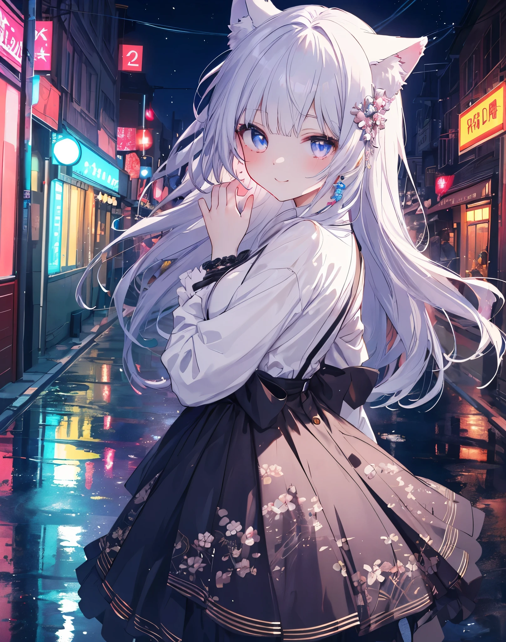 Absurd, High resolution, (Anime Style:1.1), ((Tabletop)), ((highest quality)), (Very detailed), (beautiful), solo, beautiful face、(lift),12 years old、beautiful Fine Star々、Cute girl in cute clothes standing on high hill、私はとてもbeautifulです, Delicate and detailed urban night view、One Girl、beautiful colorful hair, Colorful eyes,View your viewers,Lens flare,dramatic, From the back、Whole Body Ezbian、Low angle、(Neon Light、Accessories for girls who shine with reflection:1.3)、Laughter, neko ears, little smile