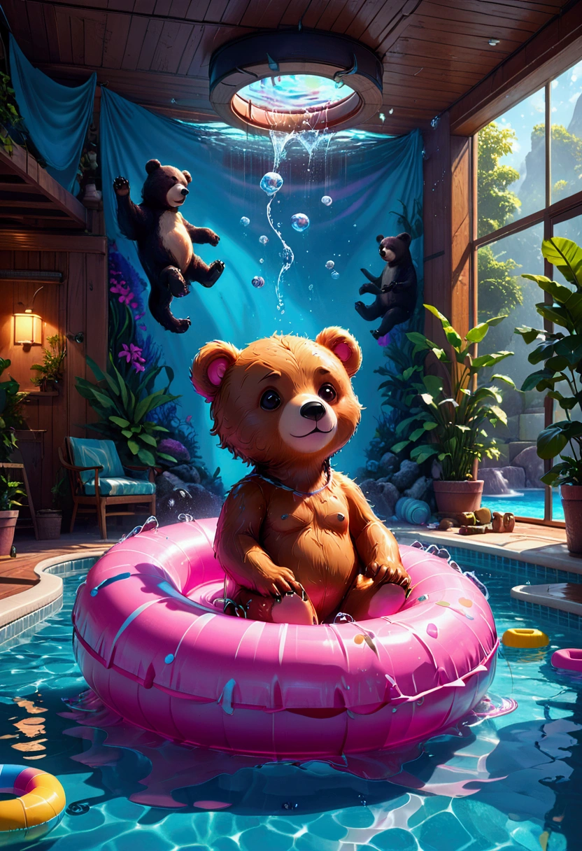 Pool , An adorable bear cub floating on its back on a pink inner tube in a swimming pool, hyperdetailed, 8k resolution concept art, cinematic, volumetric lighting, maximalist, detailed matte painting, deep color, fantastical, intricate detail, splash screen, complementary colors, fantasy concept art, 8k resolution trending on Artstation Unreal Engine 5, masterpiece, best quality, very aesthetic, absurdres