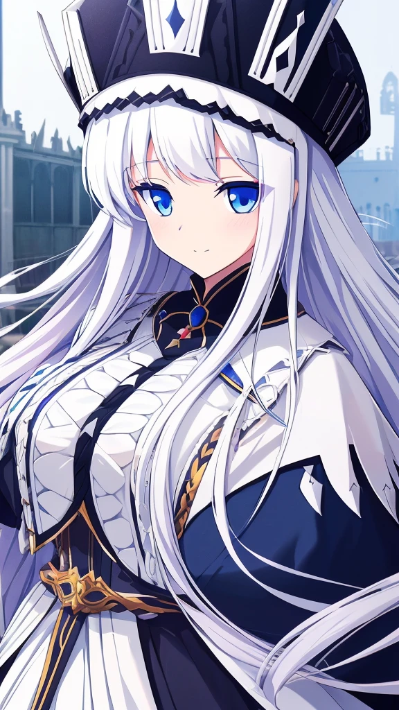 best quality, extremely detailed, anime style girl, long hair down to the waist, straight hair, dark black hair with bluish,crown braid,beautiful detailed eyes, pinched eyes, dark blue eyes, gradation eyes,huge breasts,((((white English noblewoman's clothes)))),Luxury English hats,English street,smile,walking