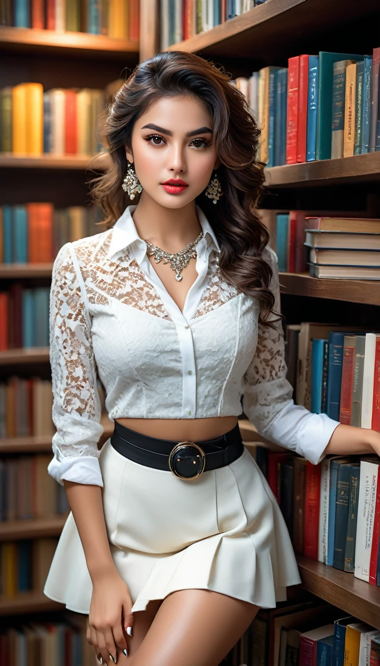 (((beautiful beautiful Isabela Merced, posing for photoshots, looking sexy, ruffled lips, extremely beautiful eyes))), ((wearing floral silver necklace)), realistic photoshotgraph, highy detailed, Spitz focus, (Main lighting), (indoor bookstore environment), work of art, very short and curly hair, bangss, bangss covering forehead, extremely beautiful, Perfect beauty, (perfect shape body, Broad Hips, small waist, thick-thighs, firm abs, Body cute, sexy legs, gorgeous knees knees, kneecaps, focus on the knees, breasts small), ((30 years old)), (extremely detaild 8k wallpaper), ((face detailed)), (((wearing white shirt, saia curta de tweed, kneecaps, knees, nylons with a seam, Strad sandals)), (long dark eyelashes), (((aretes))), (looking at the camera), (((kneecaps)))) (glamor model), (seductive facial expression) (((standing between tall shelves full of books))), extremely detaild, work of art, details Intricate, highy detailed, Spitz focus, skin detailed, realistic skin texture, texture, detailedeyes, high resolution, kodak vision color, photoshot_\(ultra\), Post-processing, maximum detail, roughness, real-life, ultra realistic, photoshotrealism, photoshotgraphy, absurderes, RAW photoshot, highest quallity, high detail RAW color photoshot, professional photoshot, extremely detaild UHD 8k wallpaper unit, best qualityer, high resolution, (work of art, maximum quality, high resolution:1.4), photoshot, cinematic, Film grain, Spitz, soft natural light, magic photoshotgraphy, super verbose