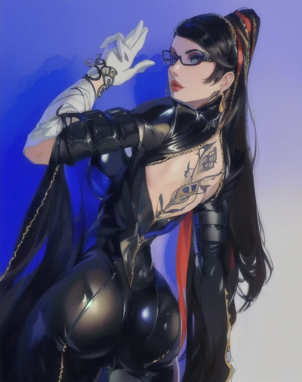 (masterpiece, best quality:1.2), intricate details, bayonetta1, 1girl, tight bodysuit, tight clothing, (the suit is so tight that it perfectly showcases the shape of her hips and buttocks in the suit), bright blue eyes, big breasts, deep cleavage, cleavage cutout, white elbow gloves, makeup, jewelry, lipstick, hair ribbon, glasses, covered in tattoo's, (mature female:1.2), very long hair, attractive body, athletic figure, looking from behind, back view, ass view
