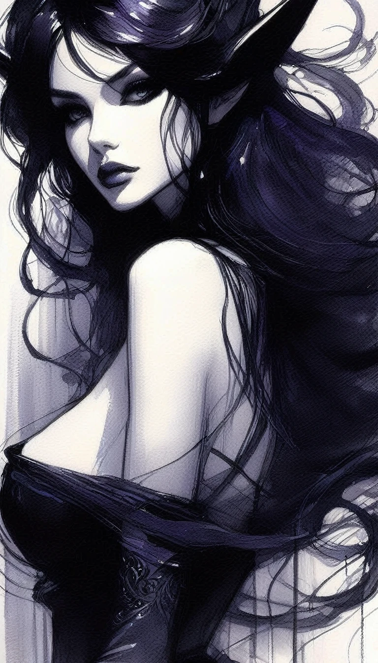 some sexy, dark, loneliness,magic, fantastic, background, , tmari, sketch, traditional media, pen drawing, white background. oil painting)
