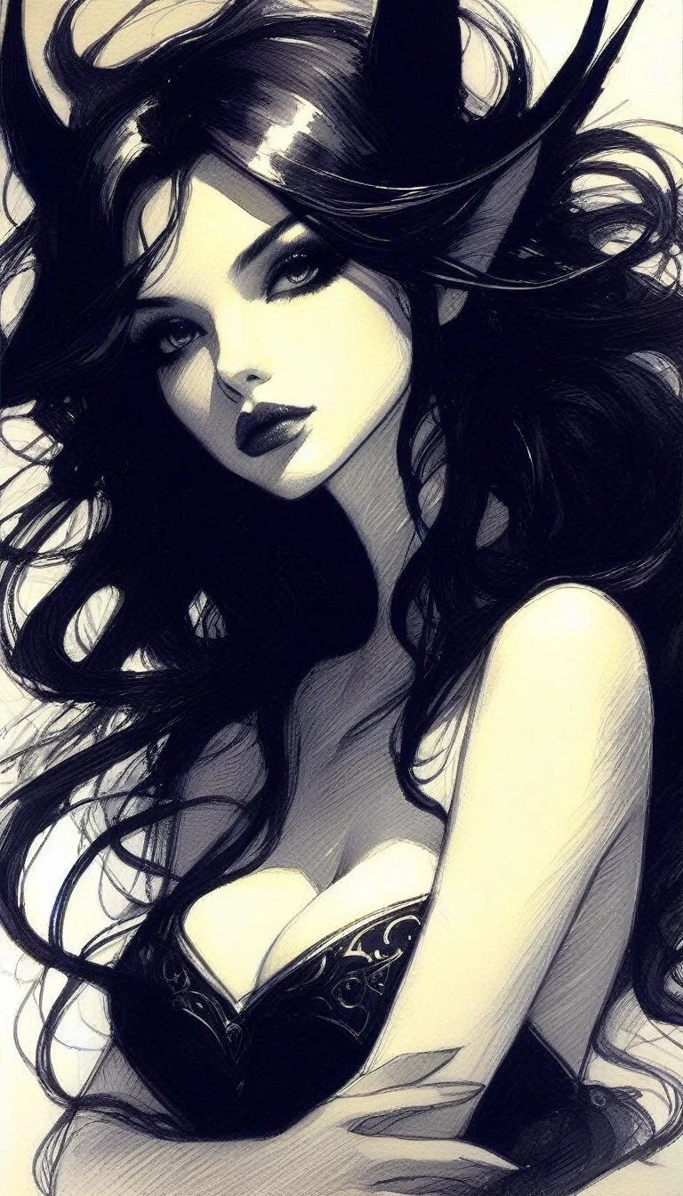some sexy, dark, loneliness,magic , tmari, sketch, traditional media, pen drawing, white background. oil painting)