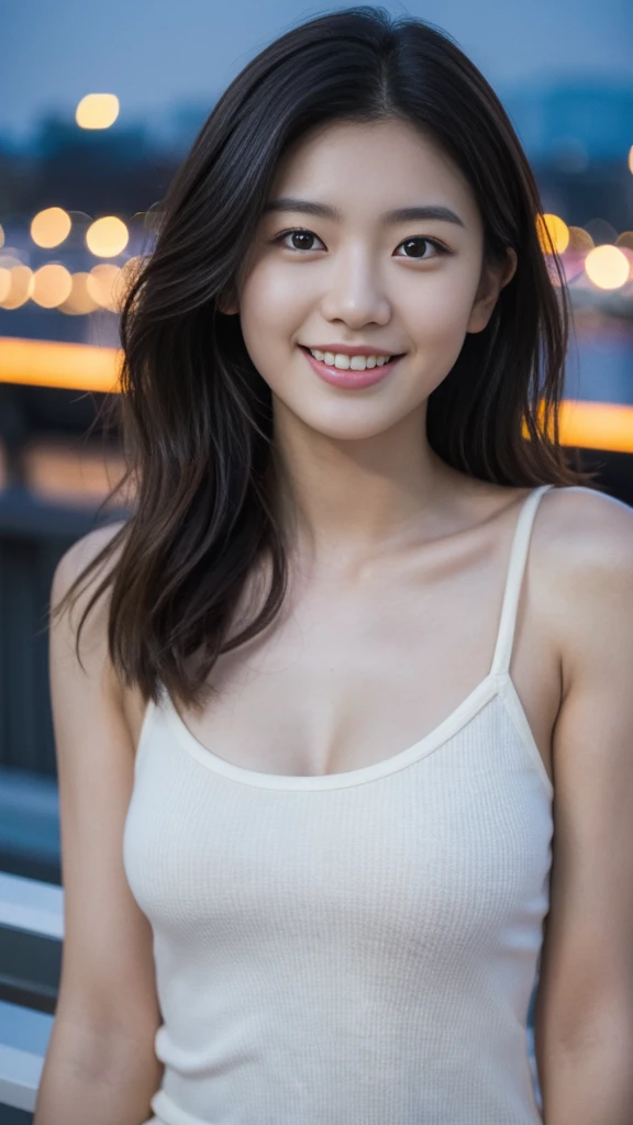 最high quality, table top, High resolution, 20 years old wearing short red camisole, 1 girl,very beautiful face,（Ultra-high definition image of an extremely beautiful face）,（short red camisole）,hair ornaments,, gem diamond,realistic, New York night view、blur the background、,full body image,(high definition skin:1.2),Looking at camera with a smile,full body image 8K UHD, Digital single-lens reflex camera, in the soft and bright sunlight,high quality, volume lighting, Frank, photograph, High resolution,full body image,4K、Japanese college student、A sloppy smile、stand up straight、((((upper body photo)))),one person,short wavy hair style、