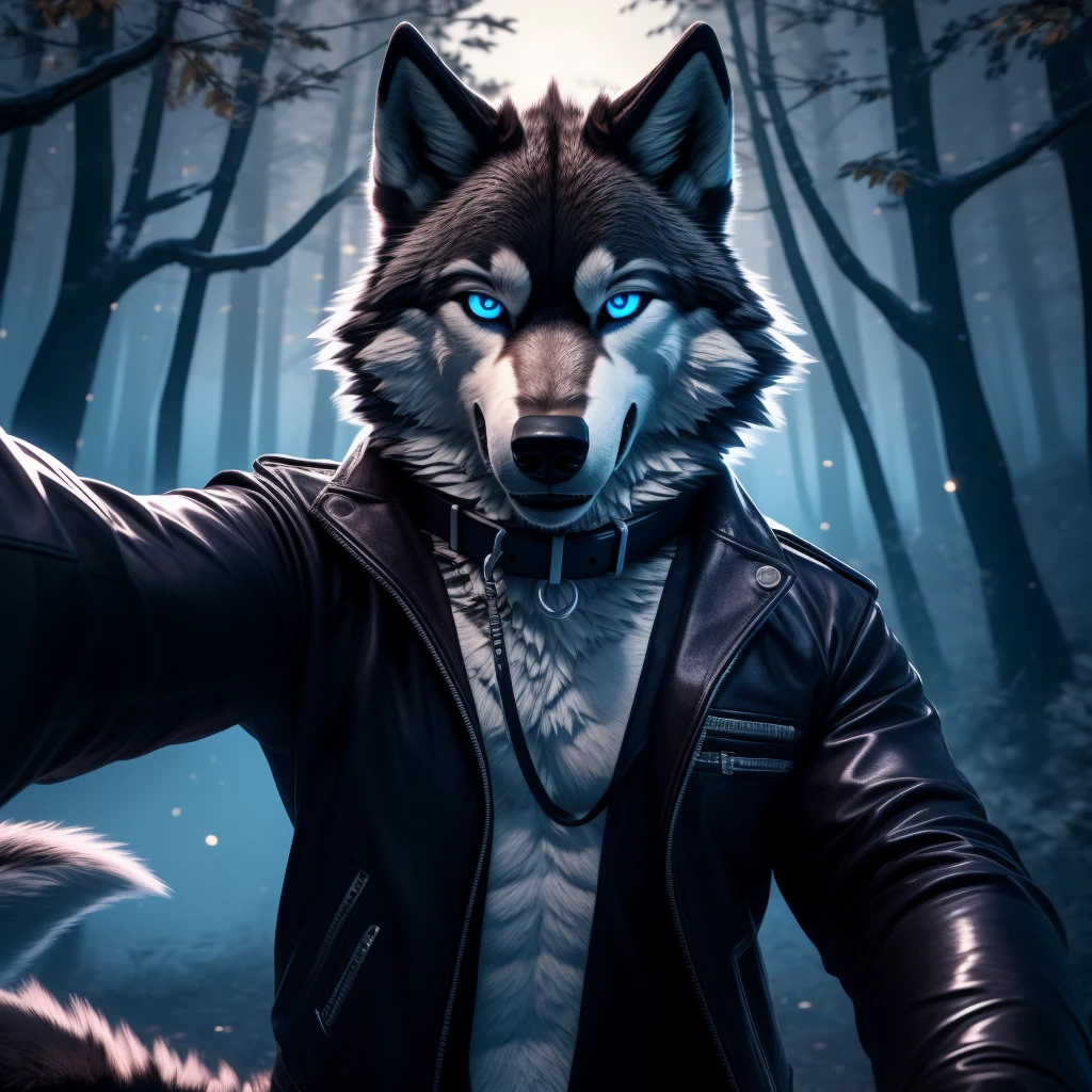 Selfie, Male, 30 years old, cute, eyeliner, evil grin, black leather jacket, anthro, wolf ears, bedroom eyes (black fur:1.5), wolf, forest background, 8k, hi res, (best quality, masterpiece), (wolf tail:1.5), detailed fur, solo, night, leashing and collar, blue jeans, blue eyes,
