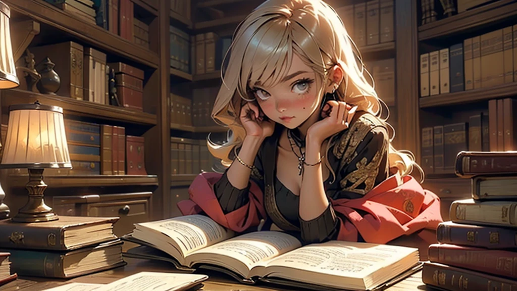 A close-up anime-style image of a girl sitting in an ancient library, as if from the 12th century. She is surrounded by old books and manuscripts, deeply engrossed in studying. The setting includes wooden shelves filled with dusty tomes, candlelight providing a warm glow, and antique furniture. The girl is wearing traditional medieval clothing, and the atmosphere is cozy and mysterious, capturing the essence of intense, focused learning.