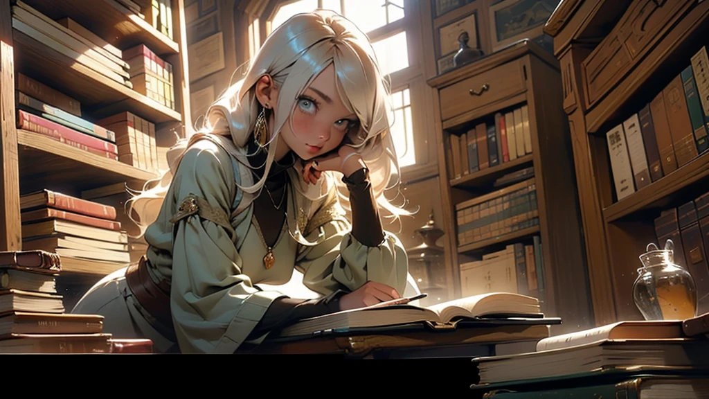 A close-up anime-style image of a girl sitting in an ancient library, as if from the 12th century. She is surrounded by old books and manuscripts, deeply engrossed in studying. The setting includes wooden shelves filled with dusty tomes, candlelight providing a warm glow, and antique furniture. The girl is wearing traditional medieval clothing, and the atmosphere is cozy and mysterious, capturing the essence of intense, focused learning.