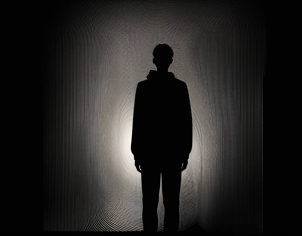 A completely black background with a human figure sketched in thin white lines, displaying an absolute contrast that conveys the absence of anything else.