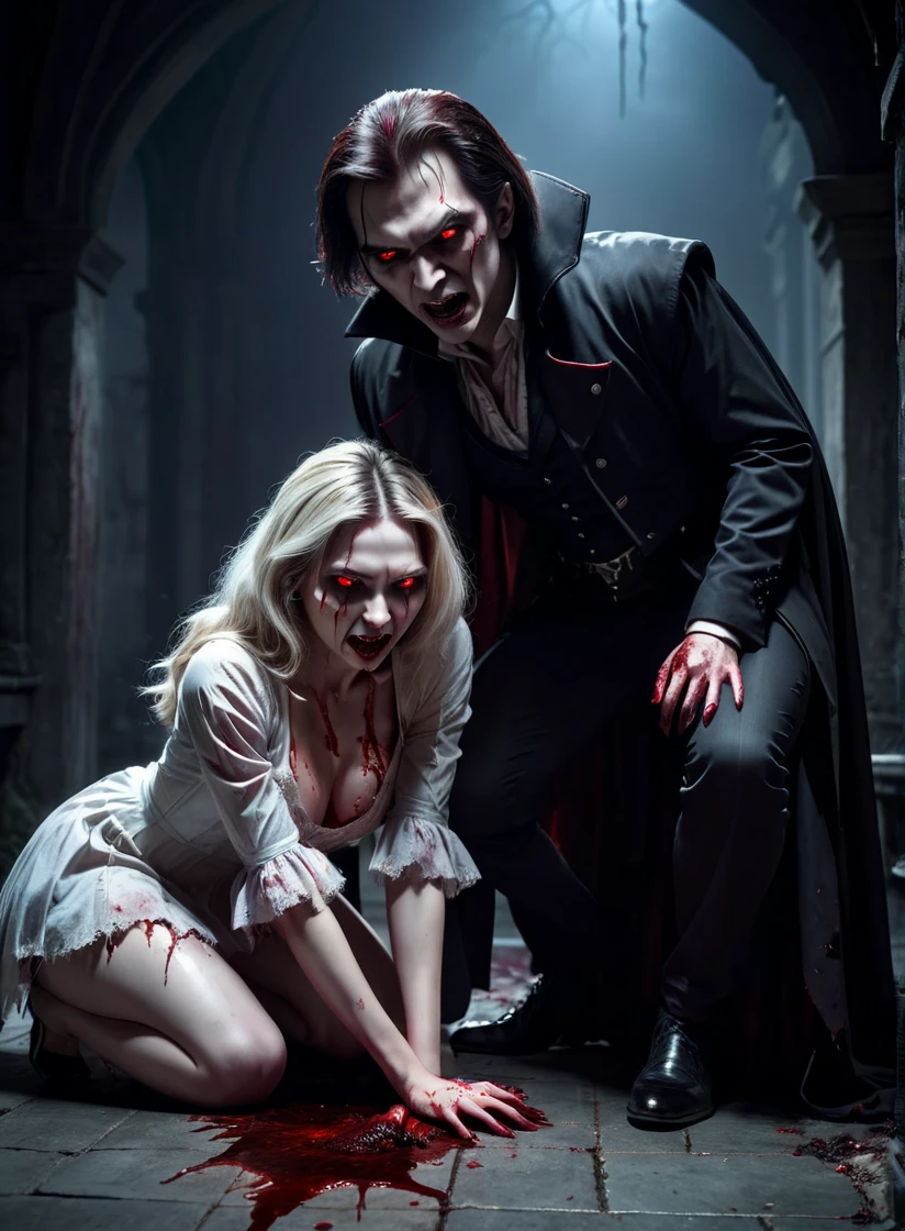 a vampire man crouching next to an attractive woman corpse, blood and gore, dark and moody atmosphere, detailed face and body, glowing red eyes, sharp fangs, pale skin, torn clothing, detailed bloody wounds, chiaroscuro lighting, cinematic composition, dark fantasy, horror, photorealistic, 4k, highly detailed