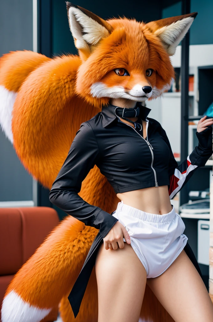 ((Highest quality, 8k)), ((masterpiece)), (Highest Resolution), Perfect Face, Fox Woman, Beautiful woman, public, One tail, she has thick thighs, Big tail, She has a red fox tail, She wags her tail, smile, Fur collar, Large Breasts, She wears a business suit, Beautiful Hips, The tail sticks out from behind, Walking on all fours