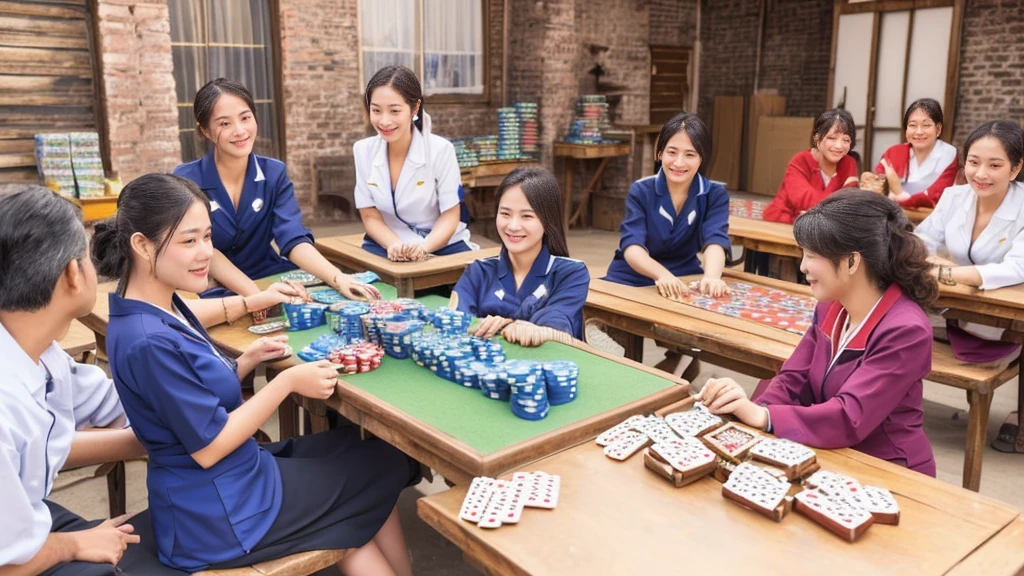beautiful girl, thai massage uniform, several people sitting around a table Playing Cards in a village, shutter stock, card game, gambling, Getty Imagesส์, playing poker, Play the game, warehouse, Picture taken on 2 0 2 0, family playing, Playing Cards, Amusing, Implementation in early 2020, Thai, poker, stock photo, warehousephoto, A wonderful masterpiece, Getty Images, thai massage dress, big boob,