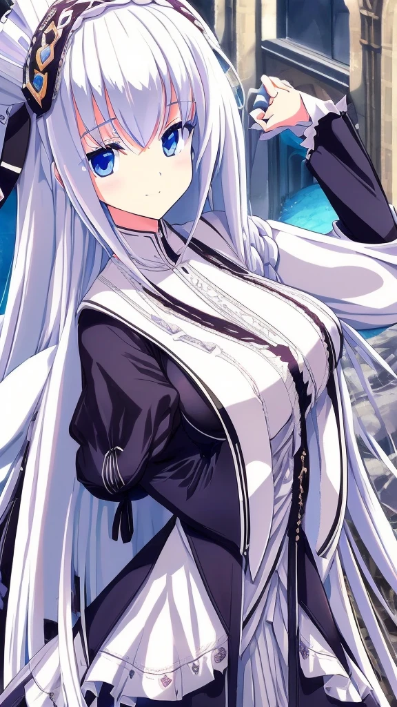 best quality, extremely detailed, anime style girl, long hair down to the waist, straight hair, dark black hair with bluish,crown braid,beautiful detailed eyes, pinched eyes, dark blue eyes, gradation eyes,huge breasts,((((white English noblewoman's clothes)))),Luxury English hats,English street,smile,walking,from side