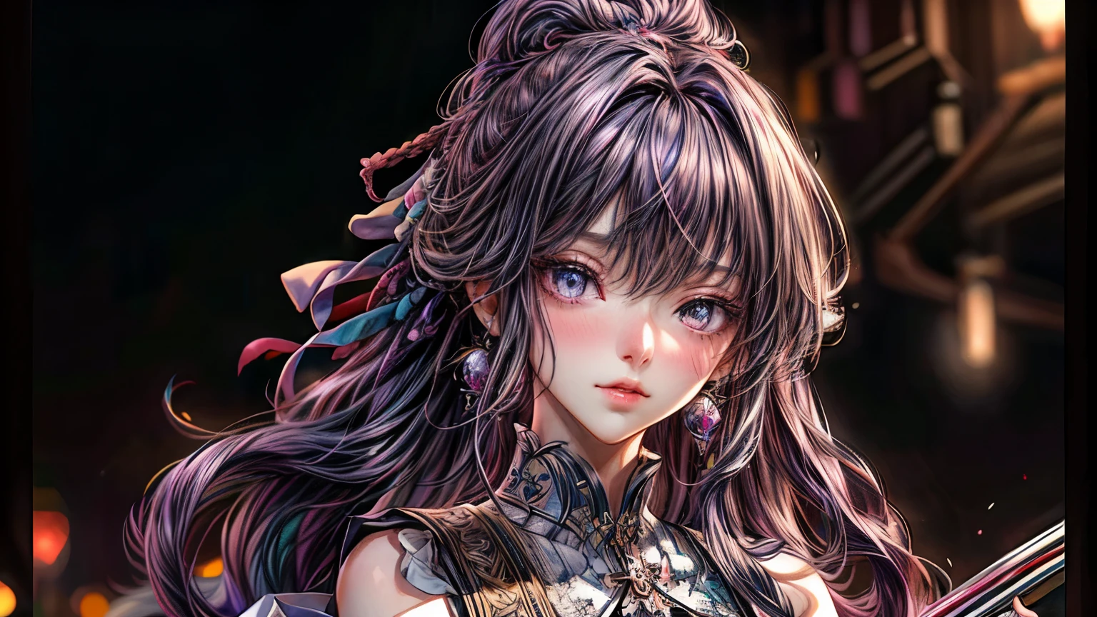 Best quality at best,4K,8K,A high resolution,tmasterpiece:1.2),ultra - detailed,actual, HighDynamicRange,hyper HD,Studio lighting,Ultra-fine painting,Focus sharp,physically-based renderingt,Extremely detailed description,professional,vivd colour,bokeh,girl,Those girls,beautidful eyes,beautiful detailed lips,Extremely detailed eyes and face,Long eyelashes,sporty attire,The landscape,With gorgeous purple hair,a pink eyes,middlebreast,Sexy figure,Vest line,Luxurious white dress,white bows,the lilies,Happy,face flushed,during night,themoon,Loose flowers,Elegant,Smooth skin,The mouth opened slightly,lipsticks