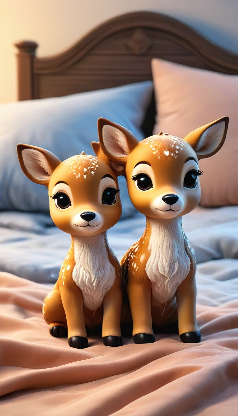 With the sunset in the background,(masterpiece:1.2, high quality), Two fawns sleeping together in bed、