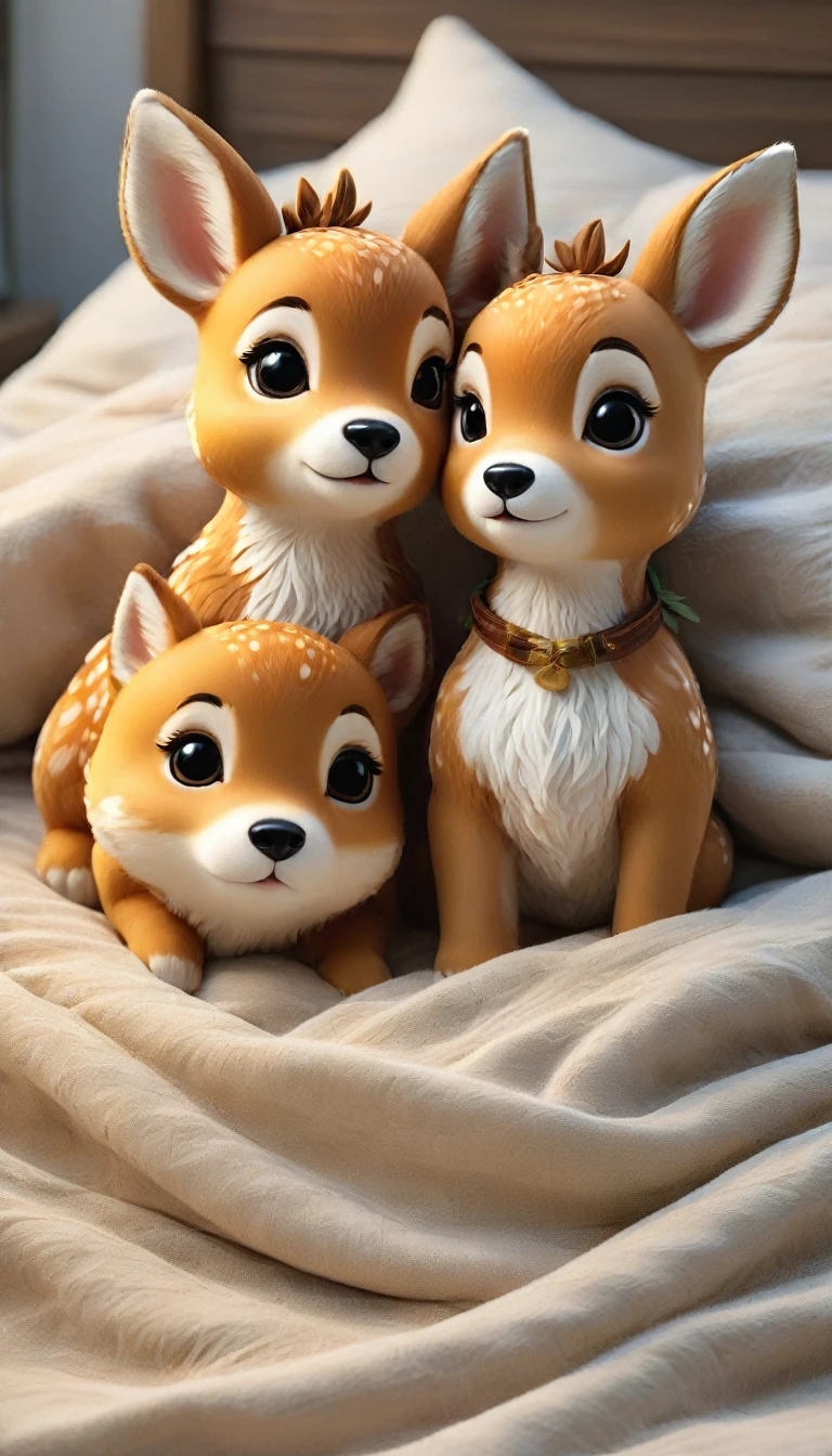 With the sunset in the background,(masterpiece:1.2, high quality), Two fawns sleeping together in bed、