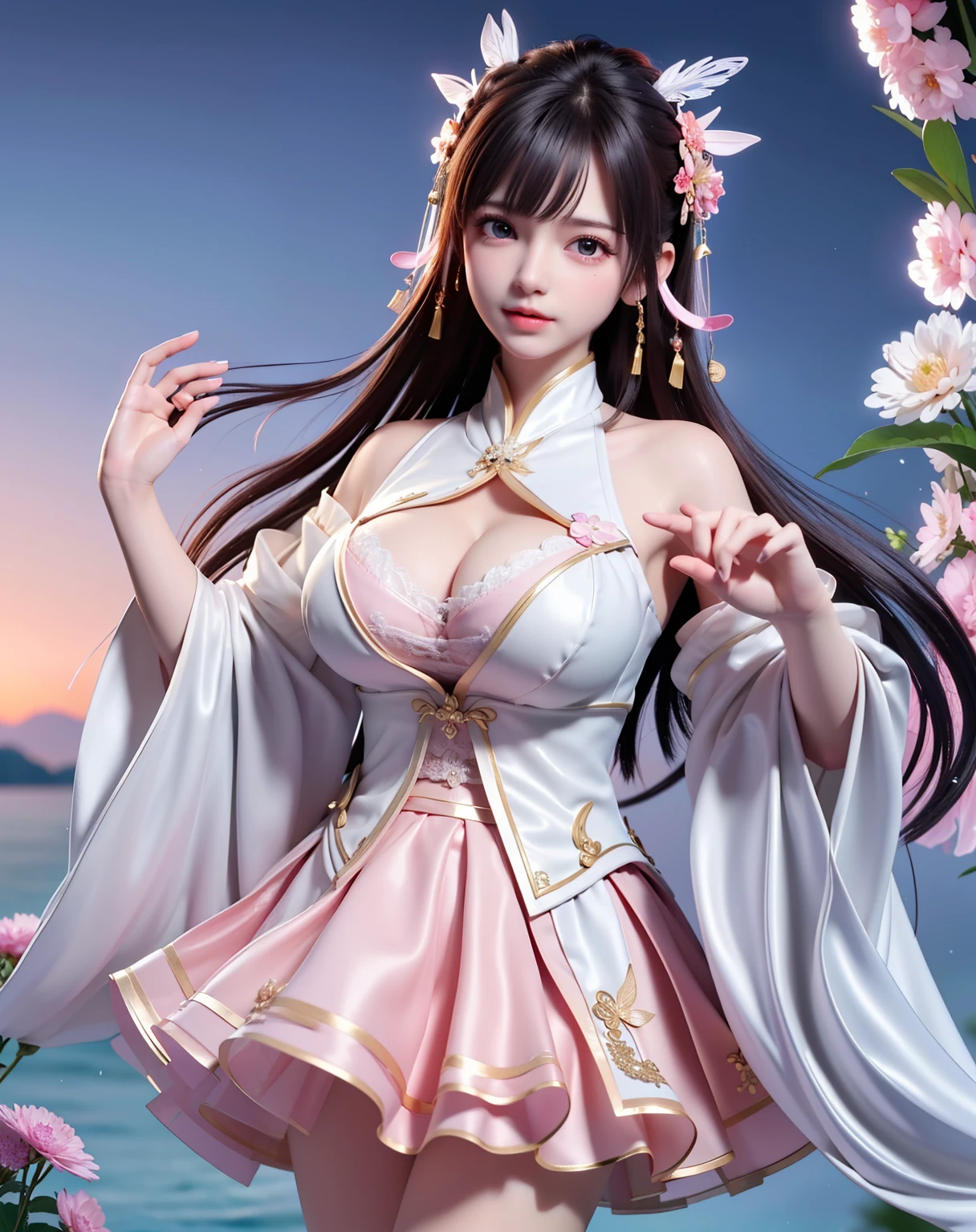 (8k, RAW photo:1.2), best quality, ultra high res,dramatic angle,(fluttered detailed color splashs), (illustration),(((1 girl))),(long hair),(rain:0.9), (Headdress:1.4),There is an ancient palace beside the girl,Hanfu,(Key Points),Color ink painting,(Splash of Color),Splash of Color,(((colorful))),(sketch:0.8) , Masterpiece, best quality, beautiful painted, highly detailed,(denoising:0.6),[splash ink],((ink refraction)), (beautiful detailed sky),moon,highly,detaild,(masterpiece, best quality, extremely detailed） CG Unity 8k Wallpaper，masterpiece，best quality，Ultra Detailed），（Lycoris）.shoulder ballet dress open V-chested clothes Thin silk lace dress short skirt , (huge ，cleavage),, white pink, blue ，best qualtiy，tmasterpiece，Ultra-high resolution，（Reality：1.4），RAW photogr，（True skin texture：1.3），（filmgrain：1.3），（Selfie angle），1个Giant Breast Girl，Beautiful eye and face details，tmasterpiece，Best quality at best，，The chest more exposed， detailed hair, bra pink , detail 8k, full body, lace petticoat