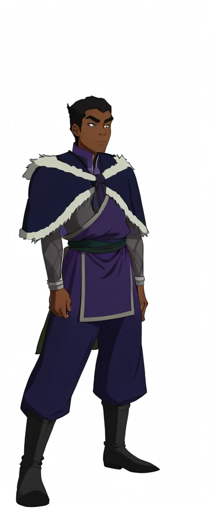 African-American, Bolin, water tribe traditional clothing mixed of blue and purple, with fur in shoulders and neck. Long sleeve, skinny, water tribe outfit. The character is wearing a blue, short-sleeved tunic with gold trim and fastenings down the front and fur collar, and fur on the shoulders. He has on dark purple pants tucked into knee-high boots. A green sash is tied around his waist. The overall style appears to be inspired by traditional East Asian clothing designs., fur on sleeves and shoulders, clothing mixed of water tribe purple and blue color and dark purple pants and skinny 