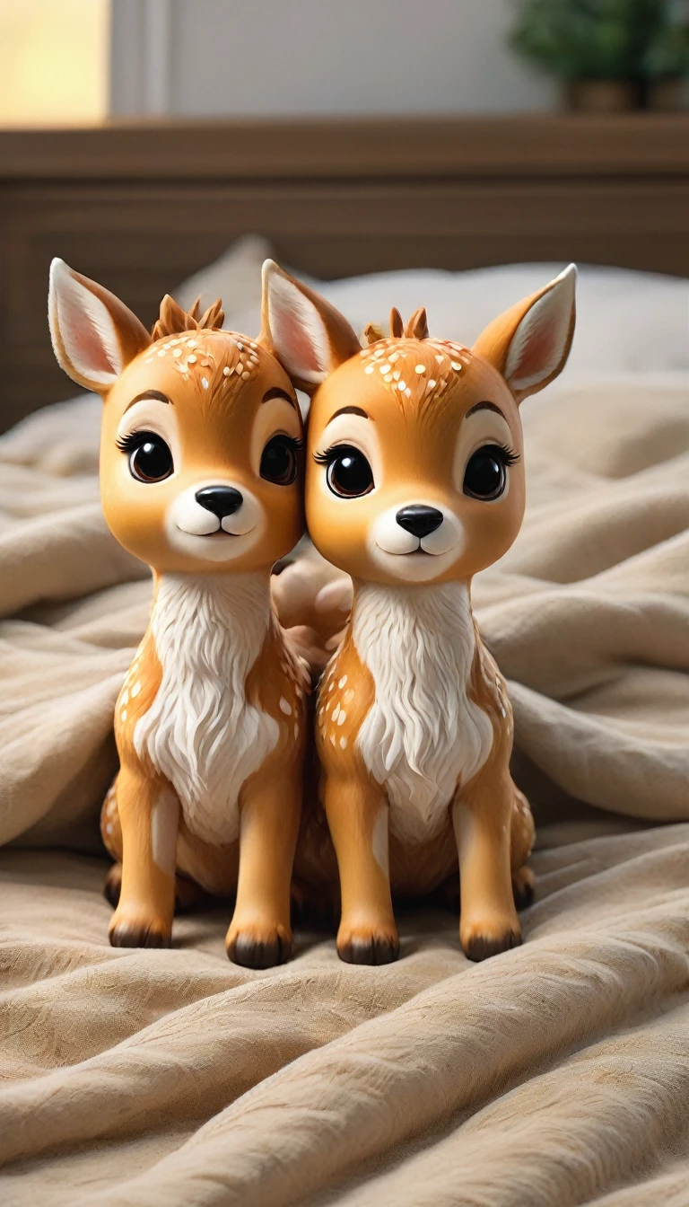 With the sunset in the background,(masterpiece:1.2, high quality), Two fawns sleeping together in bed、
