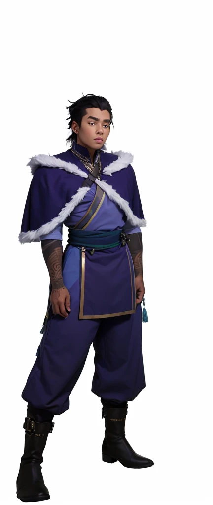 African-American, Bolin, water tribe traditional clothing mixed of blue and purple, with fur in shoulders and neck. Long sleeve, skinny, water tribe outfit. The character is wearing a blue, short-sleeved tunic with gold trim and fastenings down the front and fur collar, and fur on the shoulders. He has on dark purple pants tucked into knee-high boots. A green sash is tied around his waist. The overall style appears to be inspired by traditional East Asian clothing designs., fur on sleeves and shoulders, clothing mixed of water tribe purple and blue color and dark purple pants and skinny 