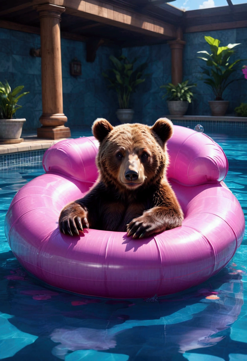 Pool , An adorable bear cub floating on its back on a pink inner tube in a swimming pool, hyperdetailed, 8k resolution concept art, cinematic, volumetric lighting, maximalist, detailed matte painting, deep color, fantastical, intricate detail, splash screen, complementary colors, fantasy concept art, 8k resolution trending on Artstation Unreal Engine 5, masterpiece, best quality, very aesthetic, absurdres