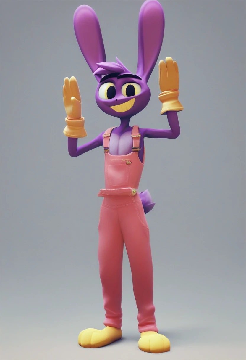jax, solo, looking at viewer, smile, gloves, 1boy, animal ears, standing, male focus, rabbit ears, black eyes, pink overalls, furry, furry male, yellow gloves, full body, no shoes, purple fur, yellow teeth, yellow iris, skinny, 3d, source, source_cartoon