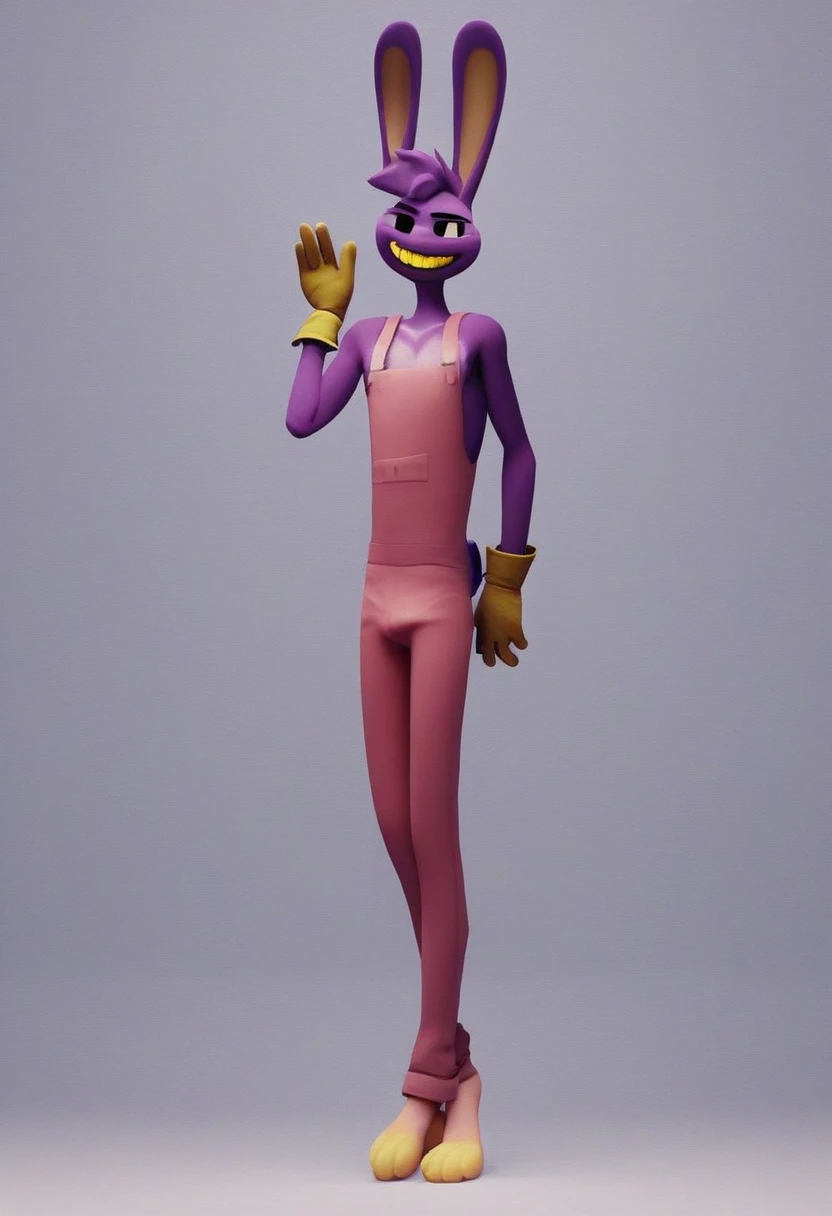 jax, solo, looking at viewer, smile, gloves, 1boy, animal ears, standing, male focus, rabbit ears, black eyes, pink overalls, furry, furry male, yellow gloves, full body, no shoes, purple fur, yellow teeth, yellow iris, skinny, 3d, source, source_cartoon