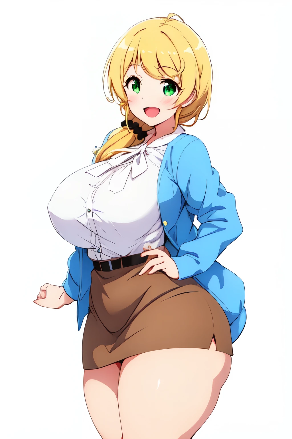 One girl, (simple white background), smile, Open your mouth,
Ellen_baker, Green Eyes, Blonde, Long Hair, Hair Scrunchie, Jacket, White shirt, Skirt best quality, white panties, masterpiece, High resolution, large breasts, milf, Shiny, oily skin, Mature mother, Calf, Seductive mature woman, Perfect body, narrow waist, ((wide hips, thick thighs, voluptuous thighs)), bare legs, skirt lift, showing panty,